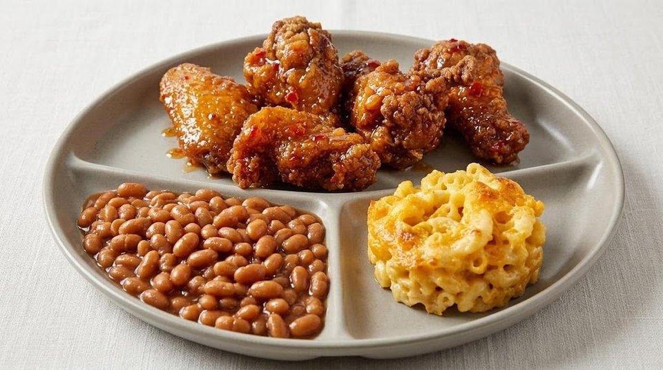 Takeout menu featuring breakfast plates and dinner options.