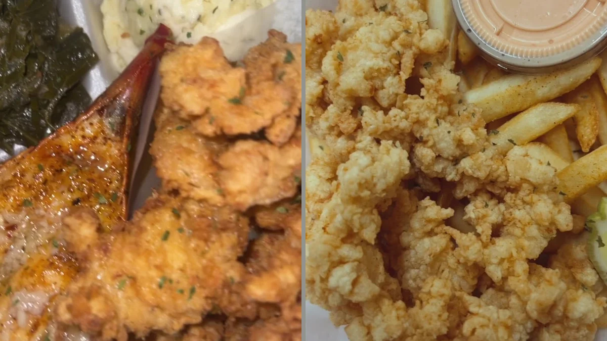 Plates of seafood and comfort food on a casual table.