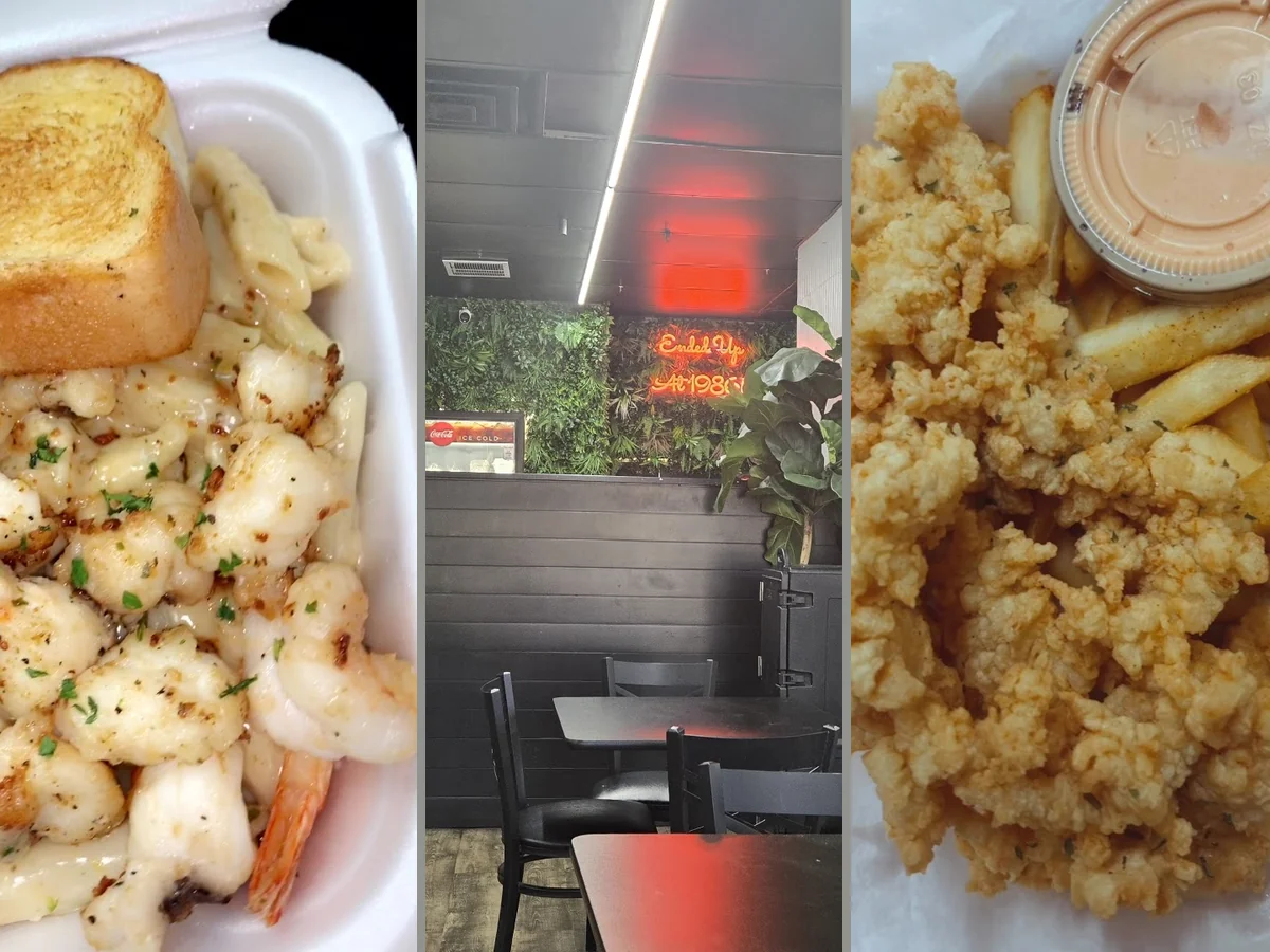 Shared meals with fried seafood, sides, and drinks.